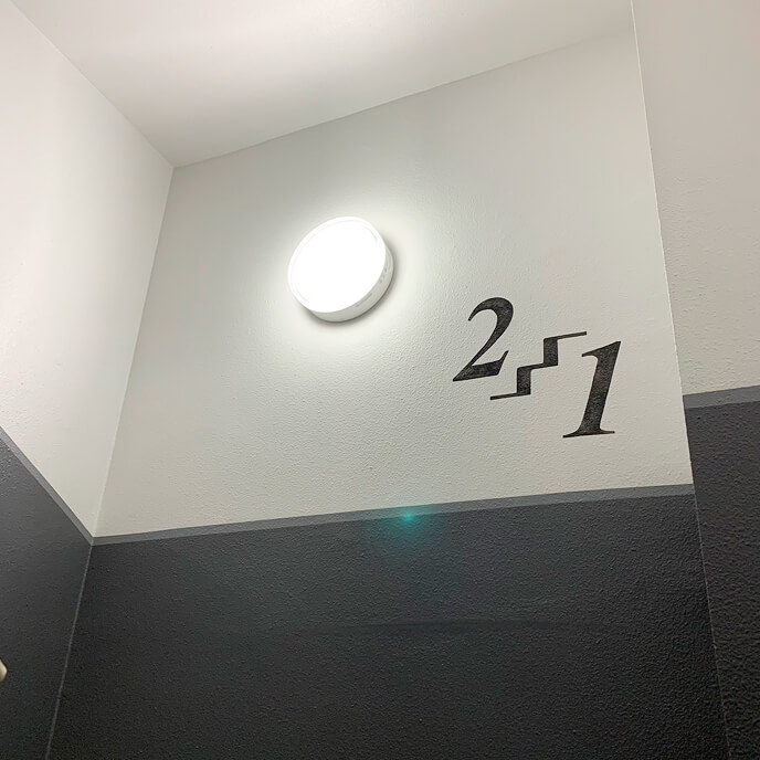 白い壁に丸い照明と「251」の数字が描かれた内装